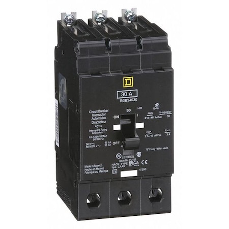 Miniature Circuit Breaker, E FRAME Series, 30A, 3 Pole, 277/480V AC, 65kA at 120V AC MPN:EGB34030