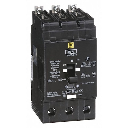 Miniature Circuit Breaker, E FRAME Series, 40A, 3 Pole, 277/480V AC, 65kA at 120V AC MPN:EGB34040