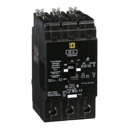 Miniature Circuit Breaker, E FRAME Series, 45A, 3 Pole, 277/480V AC, 65kA at 120V AC MPN:EGB34045