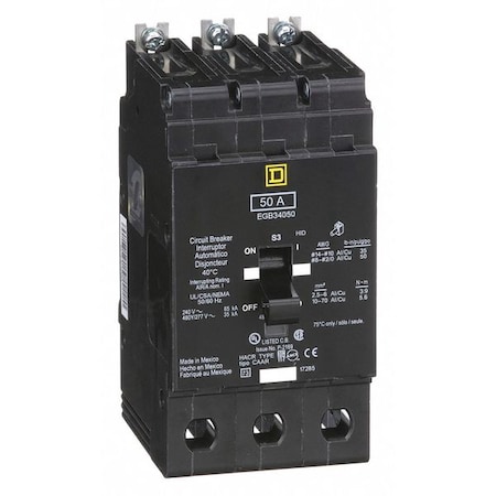 Miniature Circuit Breaker, E FRAME Series, 50A, 3 Pole, 277/480V AC, 65kA at 120V AC MPN:EGB34050