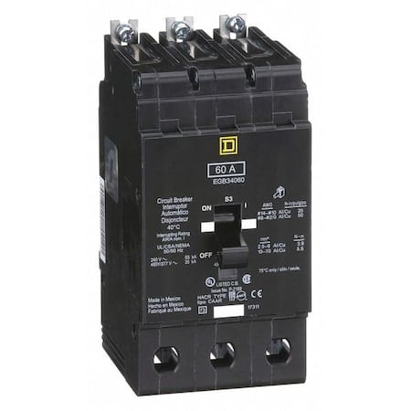 Miniature Circuit Breaker, E FRAME Series, 60A, 3 Pole, 277/480V AC, 65kA at 120V AC MPN:EGB34060
