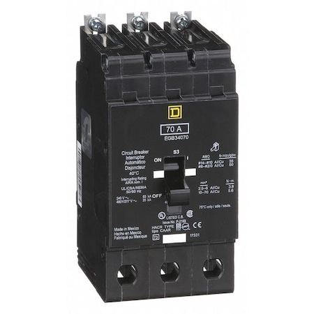 Miniature Circuit Breaker, E FRAME Series, 70A, 3 Pole, 277/480V AC, 65kA at 120V AC MPN:EGB34070