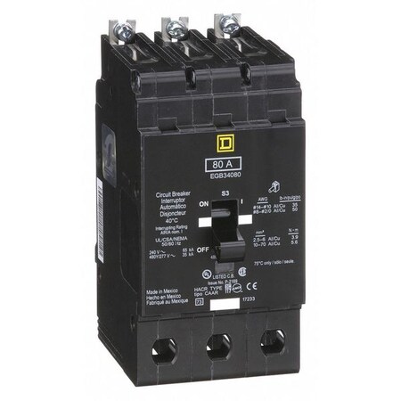 Miniature Circuit Breaker, E FRAME Series, 80A, 3 Pole, 277/480V AC, 65kA at 120V AC MPN:EGB34080