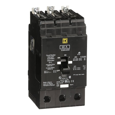 Miniature Circuit Breaker, E FRAME Series, 90A, 3 Pole, 277/480V AC, 65kA at 120V AC MPN:EGB34090