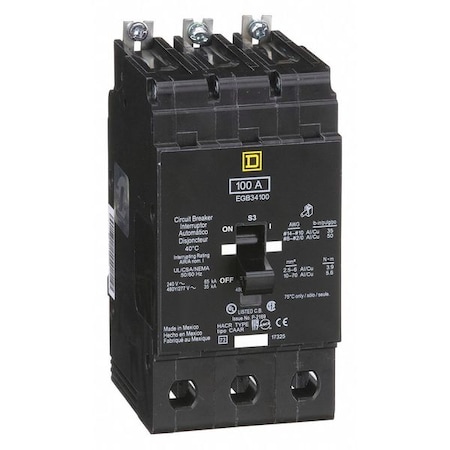 Miniature Circuit Breaker, E FRAME Series, 100A, 3 Pole, 277/480V AC, 65kA at 120V AC MPN:EGB34100