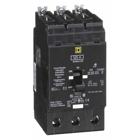 Miniature Circuit Breaker, E FRAME Series, 125A, 3 Pole, 277/480V AC, 65kA at 120V AC MPN:EGB34125