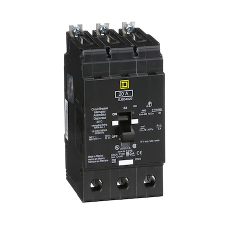 Miniature Circuit Breaker, E FRAME Series, 20A, 3 Pole, 277/480V AC, 100kA at 120V AC MPN:EJB34020