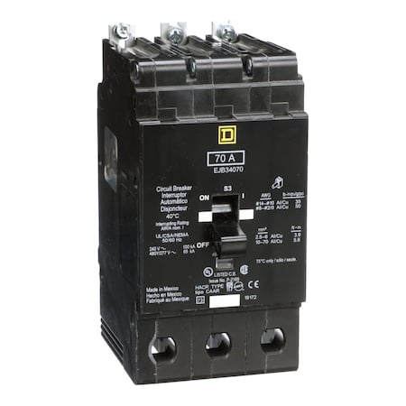 Miniature Circuit Breaker, E FRAME Series, 70A, 3 Pole, 277/480V AC, 100kA at 120V AC MPN:EJB34070