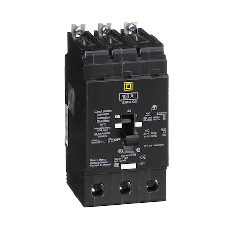 Miniature Circuit Breaker, E FRAME Series, 100A, 3 Pole, 277/480V AC, 100kA at 120VAC MPN:EJB34100