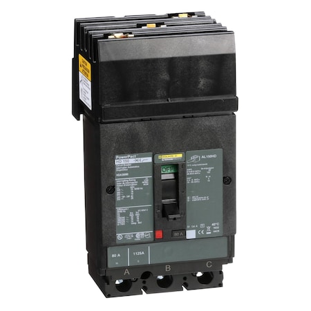 Molded Case Circuit Breaker, POWERPACT H Series, 80A, 3 Pole, 600V AC, 25kA at 240V AC MPN:HDA36080