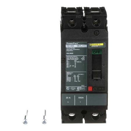 Molded Case Circuit Breaker, POWERPACT H Series, 20A, 2 Pole, 600V AC, 25kA at 240V AC MPN:HDL26020