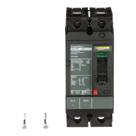 Molded Case Circuit Breaker, POWERPACT H Series, 50A, 2 Pole, 600V AC, 25kA at 240V AC MPN:HDL26050