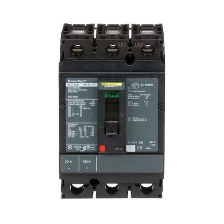 Molded Case Circuit Breaker, POWERPACT H Series, 20A, 3 Pole, 600V AC, 25kA at 240V AC MPN:HDL36020