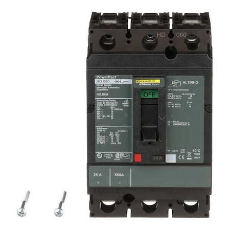 Molded Case Circuit Breaker, POWERPACT H Series, 25A, 3 Pole, 600V AC, 25kA at 240V AC MPN:HDL36025
