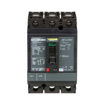 Molded Case Circuit Breaker, POWERPACT H Series, 50A, 3 Pole, 600V AC, 25kA at 240V AC MPN:HDL36050