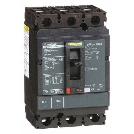 Molded Case Circuit Breaker, POWERPACT H Series, 60A, 3 Pole, 600V AC, 25kA at 240V AC MPN:HDL36060