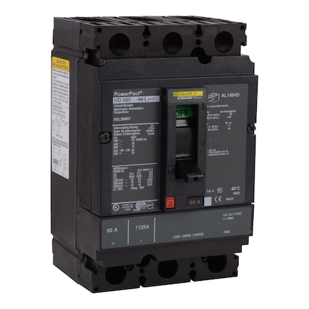 Molded Case Circuit Breaker, POWERPACT H Series, 60A, 3 Pole, 600V AC, 25kA at 240V AC MPN:HDL36060CU31X