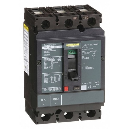 Molded Case Circuit Breaker, POWERPACT H Series, 70A, 3 Pole, 600V AC, 25kA at 240V AC MPN:HDL36070