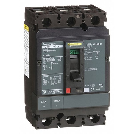 Molded Case Circuit Breaker, POWERPACT H Series, 80A, 3 Pole, 600V AC, 25kA at 240V AC MPN:HDL36080