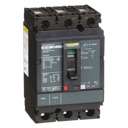 Molded Case Circuit Breaker, POWERPACT H Series, 100A, 3 Pole, 600V AC, 25kA at 240V AC MPN:HDL36100