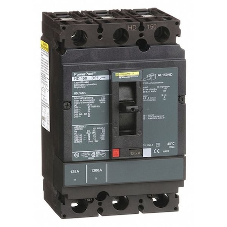 Molded Case Circuit Breaker, POWERPACT H Series, 125A, 3 Pole, 600V AC, 25kA at 240V AC MPN:HDL36125