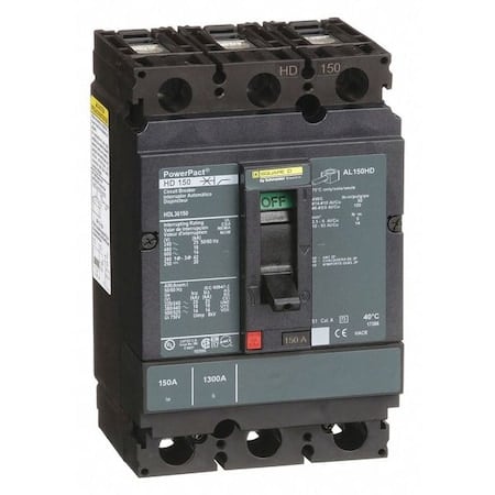 Molded Case Circuit Breaker, POWERPACT H Series, 150A, 3 Pole, 600V AC, 25kA at 240V AC MPN:HDL36150