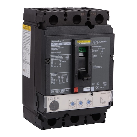 Molded Case Circuit Breaker, POWERPACT H Series, 150A, 3 Pole, 600V AC, 25kA at 240V AC MPN:HDL36150CU33X