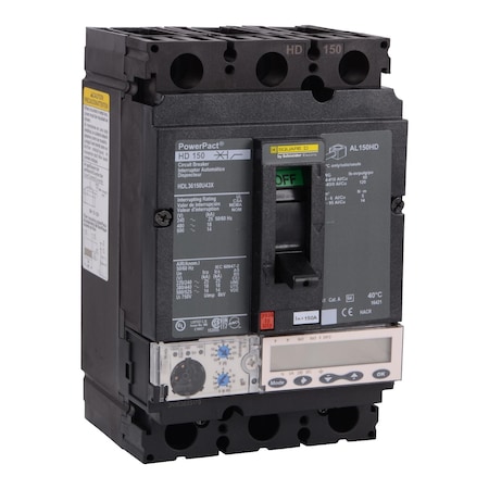 Molded Case Circuit Breaker, POWERPACT H Series, 150A, 3 Pole, 600V AC, 25kA at 240V AC MPN:HDL36150U43X