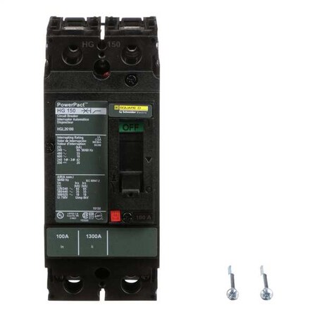 Molded Case Circuit Breaker, POWERPACT H Series, 100A, 2 Pole, 600V AC, 65kA at 240V AC MPN:HGL26100