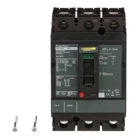 Molded Case Circuit Breaker, POWERPACT H Series, 15A, 3 Pole, 600V AC, 65kA at 240V AC MPN:HGL36015