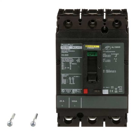 Molded Case Circuit Breaker, POWERPACT H Series, 20A, 3 Pole, 600V AC, 65kA at 240V AC MPN:HGL36020