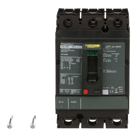 Molded Case Circuit Breaker, POWERPACT H Series, 50A, 3 Pole, 600V AC, 65kA at 240V AC MPN:HGL36050