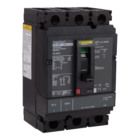 Molded Case Circuit Breaker, POWERPACT H Series, 50A, 3 Pole, 600V AC, 65kA at 240V AC MPN:HGL36050T