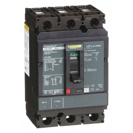 Molded Case Circuit Breaker, POWERPACT H Series, 60A, 3 Pole, 600V AC, 65kA at 240V AC MPN:HGL36060