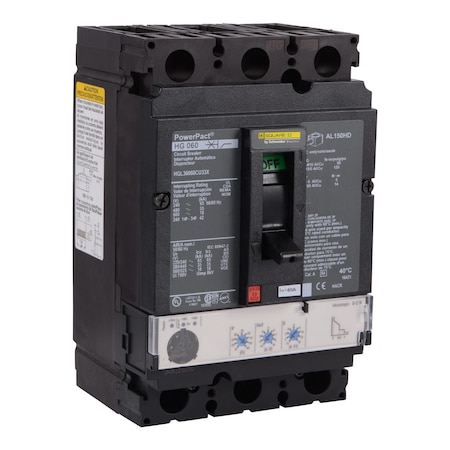 Molded Case Circuit Breaker, POWERPACT H Series, 60A, 3 Pole, 600V AC, 65kA at 240V AC MPN:HGL36060CU33X