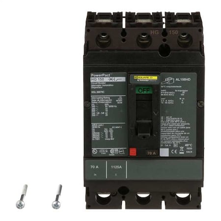 Molded Case Circuit Breaker, POWERPACT H Series, 70A, 3 Pole, 600V AC, 65kA at 240V AC MPN:HGL36070
