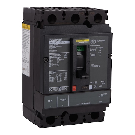 Molded Case Circuit Breaker, POWERPACT H Series, 70A, 3 Pole, 600V AC, 65kA at 240V AC MPN:HGL36070T