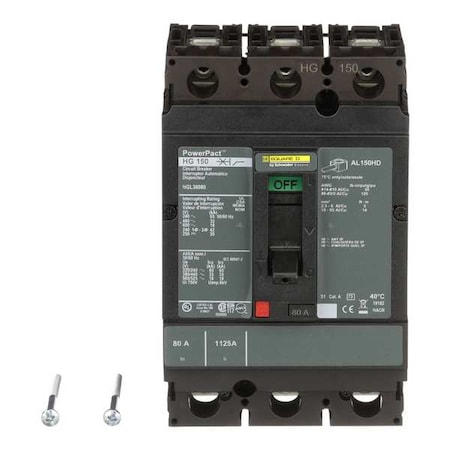Molded Case Circuit Breaker, POWERPACT H Series, 80A, 3 Pole, 600V AC, 65kA at 240V AC MPN:HGL36080
