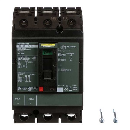 Molded Case Circuit Breaker, POWERPACT H Series, 90A, 3 Pole, 600V AC, 65kA at 240V AC MPN:HGL36090