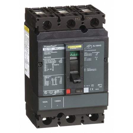 Molded Case Circuit Breaker, POWERPACT H Series, 100A, 3 Pole, 600V AC, 65kA at 240V AC MPN:HGL36100