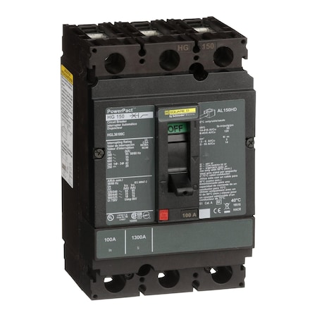 Molded Case Circuit Breaker, POWERPACT H Series, 100A, 3 Pole, 600V AC, 65kA at 240V AC MPN:HGL36100C