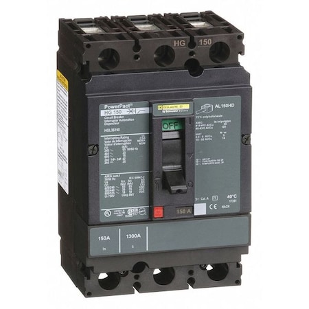 Molded Case Circuit Breaker, POWERPACT H Series, 150A, 3 Pole, 600V AC, 65kA at 240V AC MPN:HGL36150