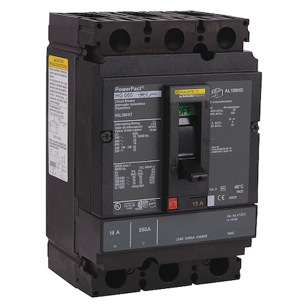Molded Case Circuit Breaker, POWERPACT H Series, 15A, 3 Pole, 600V AC, 100kA at 240VAC MPN:HJL36015