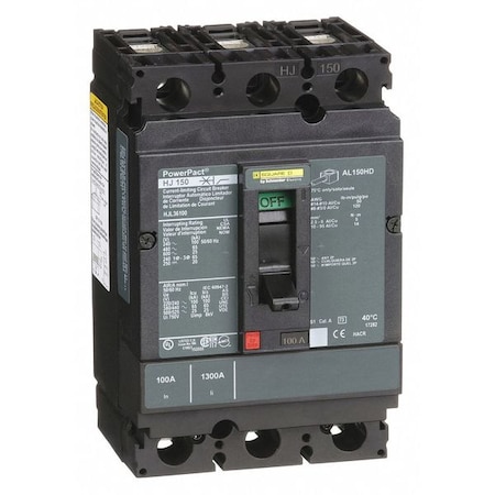 Molded Case Circuit Breaker, POWERPACT H Series, 100A, 3 Pole, 600V AC, 100kA at 240VAC MPN:HJL36100