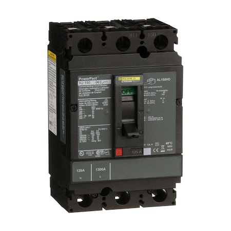 Molded Case Circuit Breaker, POWERPACT H Series, 125A, 3 Pole, 600V AC, 100kA at 240VAC MPN:HJL36125