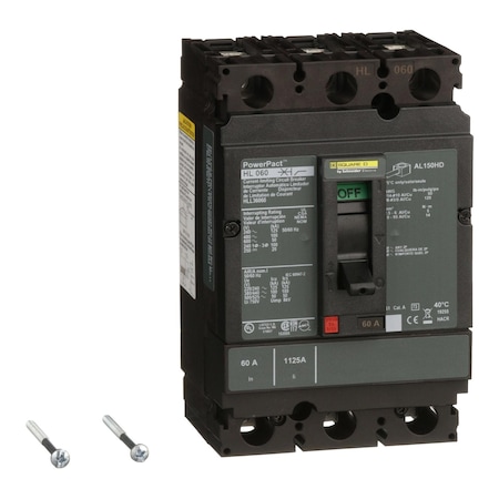 Molded Case Circuit Breaker, POWERPACT H Series, 60A, 3 Pole, 600V AC, 125kA at 240V AC MPN:HLL36060