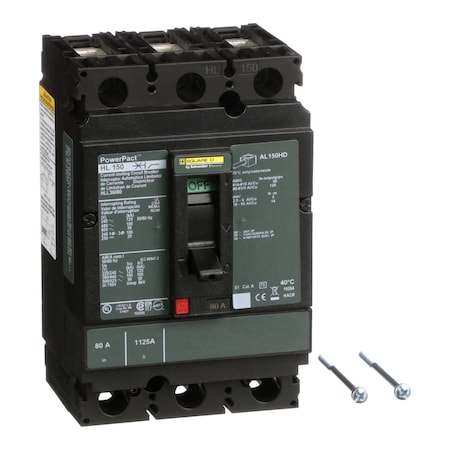 Molded Case Circuit Breaker, POWERPACT H Series, 80A, 3 Pole, 600V AC, 125kA at 240V AC MPN:HLL36080