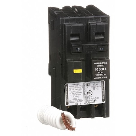 Miniature Circuit Breaker, HOMELINE Series, 15A, 2 Pole, 240V AC, 10kA at 240V AC, A Curve MPN:HOM215GFI