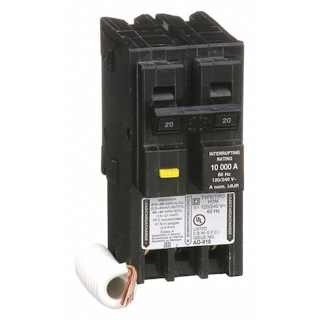 Miniature Circuit Breaker, HOMELINE Series, 20A, 2 Pole, 240V AC, 10kA at 240V AC, A Curve MPN:HOM220GFI