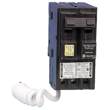 Miniature Circuit Breaker, HOMELINE Series, 50A, 2 Pole, 240V AC, 10kA at 240V AC, A Curve MPN:HOM250GFICP
